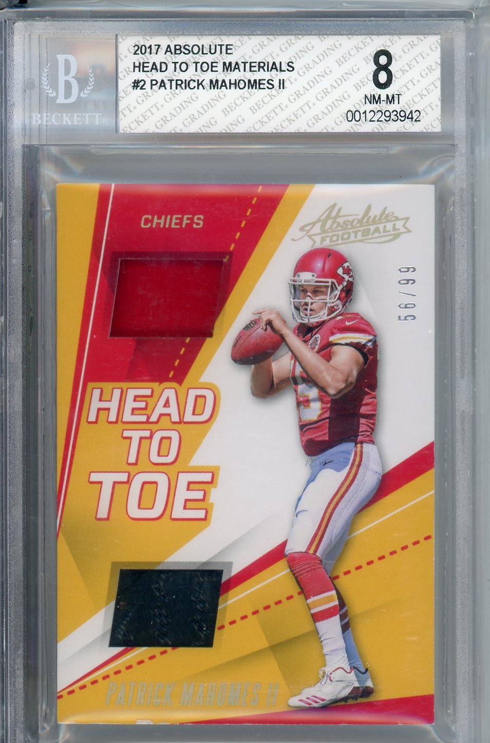 2017 Absolute Head to Toe Materials Patrick Mahomes Rookie Card BGS 8 /99