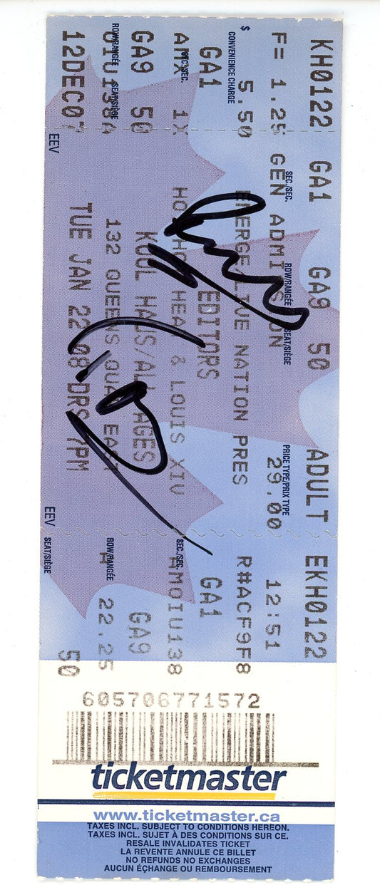 Editors/Hot Hot Heat/Louis XIV Concert Ticket Stub Kool Haus (Toronto, 2008) Autograph
