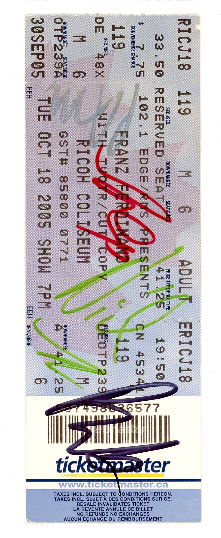Franz Ferdinand Concert Ticket Stub Ricoh Coliseum (Toronto, 2005) Autograph