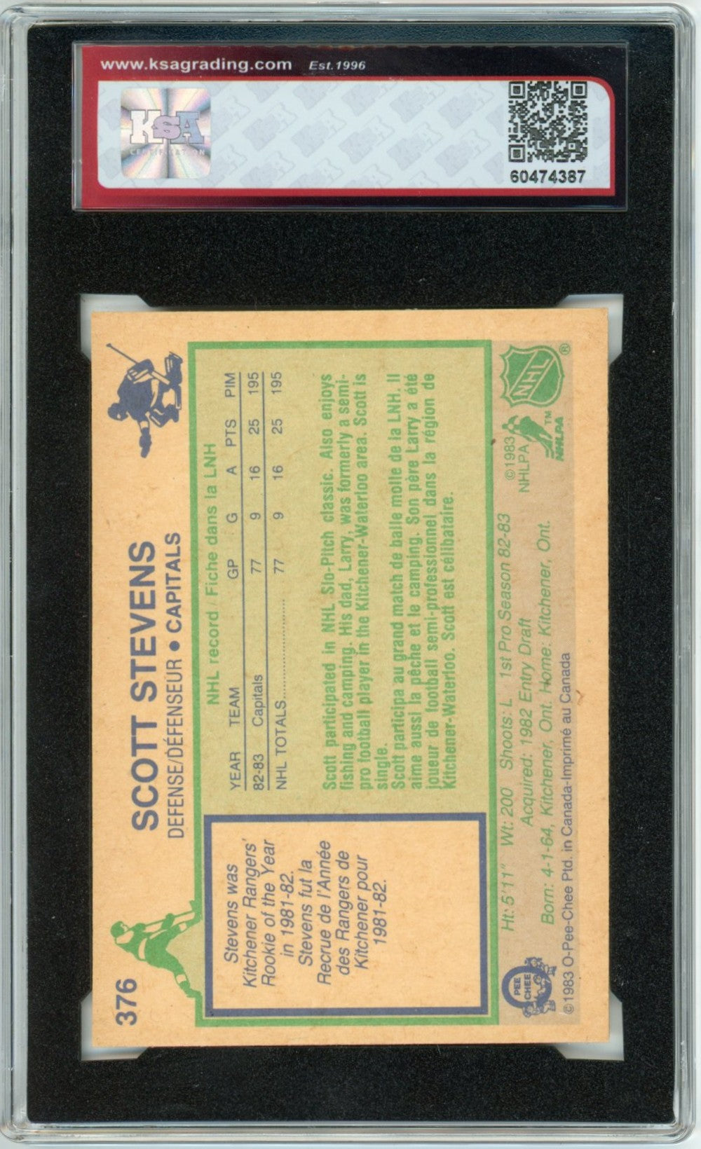 1983/84 OPC O-Pee-Chee Scott Stevens Graded Rookie Card #376 KSA 4