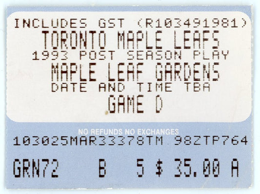 Toronto Maple Leafs Post Season Play Vintage Ticket Stub 1993 Playoffs Wendel Clark