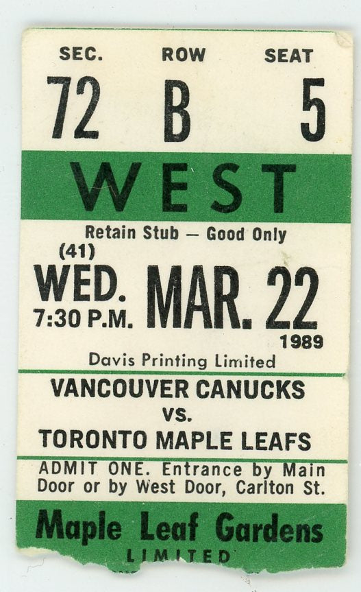 Vancouver Canucks vs. Toronto Maple Leafs Vintage Ticket Stub Maple Leaf Gardens 1989