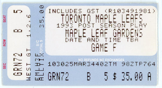 Toronto Maple Leafs Post Season Play Vintage Ticket 1993 Playoffs Doug Gilmour