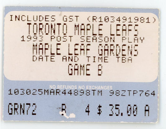 Toronto Maple Leafs Post Season Play Vintage Game Ticket 1993 Playoffs