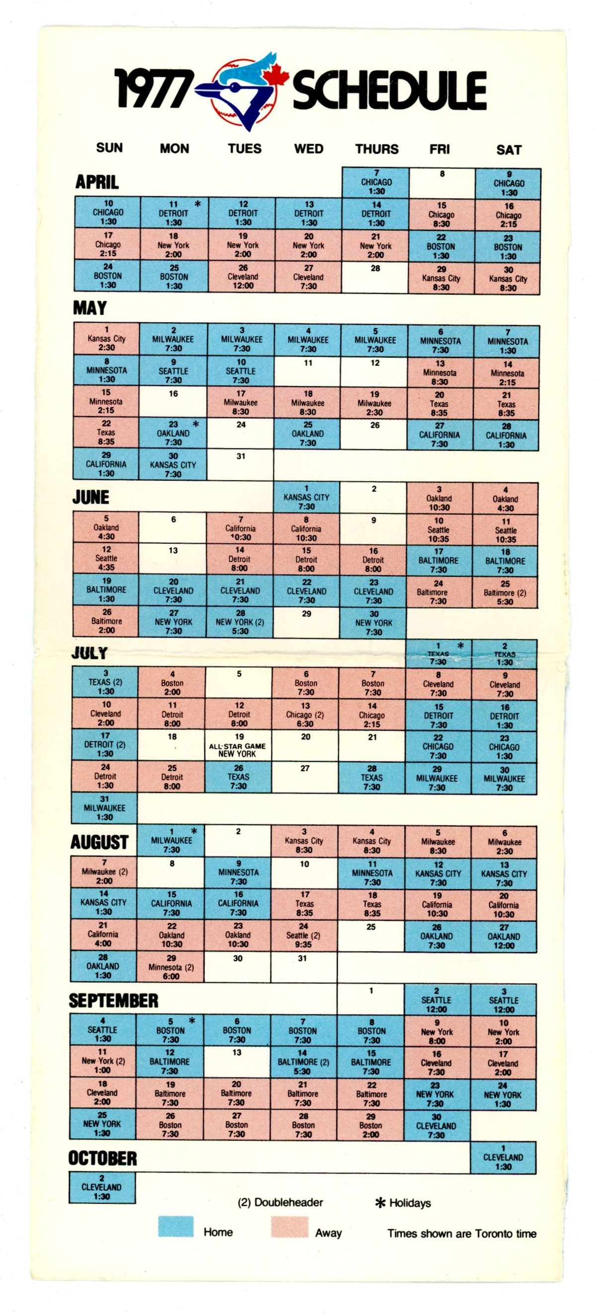1977 Official Toronto Blue Jays Vintage Schedule (Inaugural First Season) EX Condition
