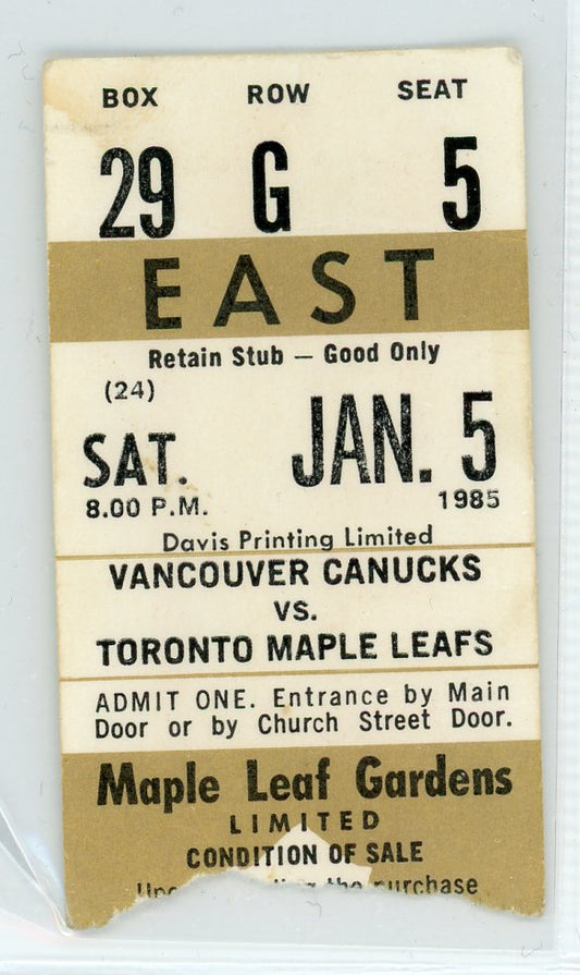 Vancouver Canucks vs. Toronto Maple Leafs Vintage Ticket Stub Maple Leaf Gardens 1985