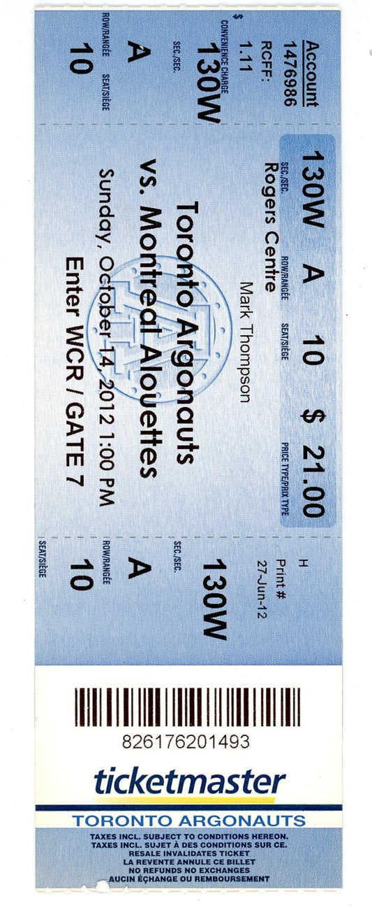 Toronto Argonauts vs. Montreal Alouettes Ticket Stub Rogers Centre (Toronto, 2012)
