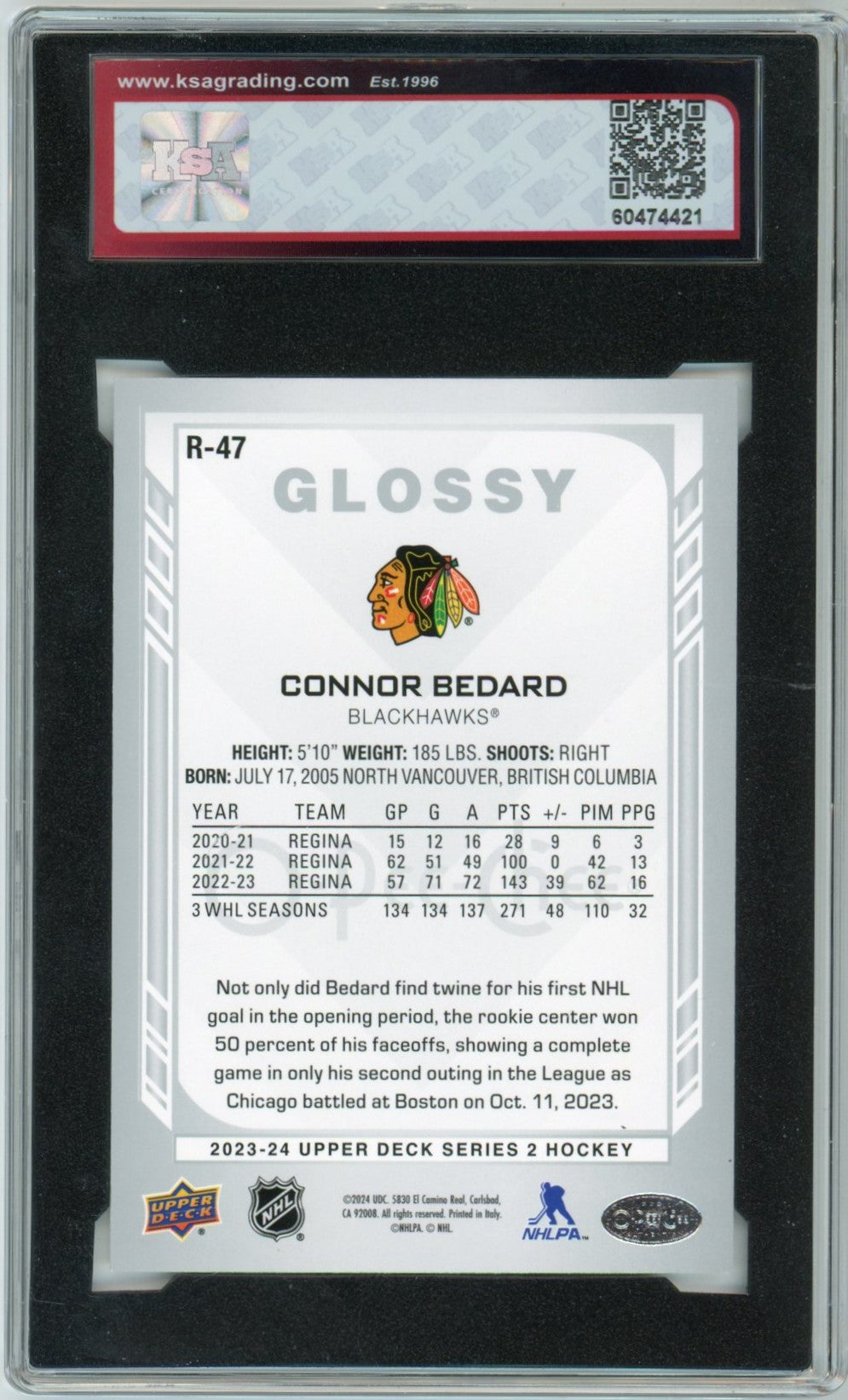 2024/25 Upper Deck Connor Bedard OPC Glossy Graded Rookie Card #R-47 KSA 9