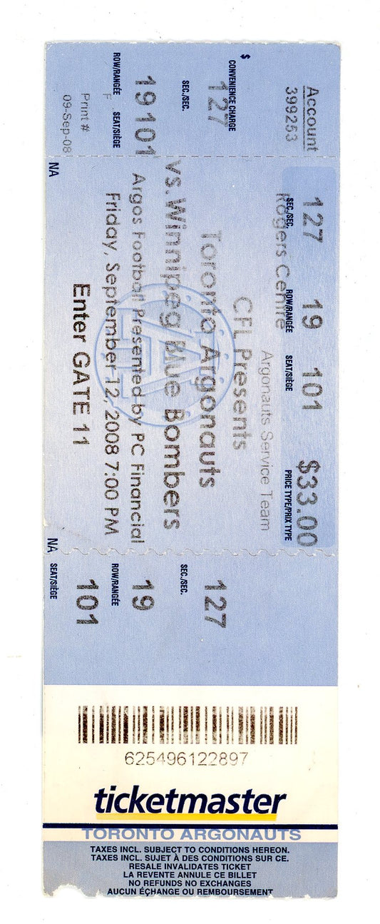 Toronto Argonauts vs. Winnipeg Blue Bombers Ticket Stub Rogers Centre (Toronto, 2008)