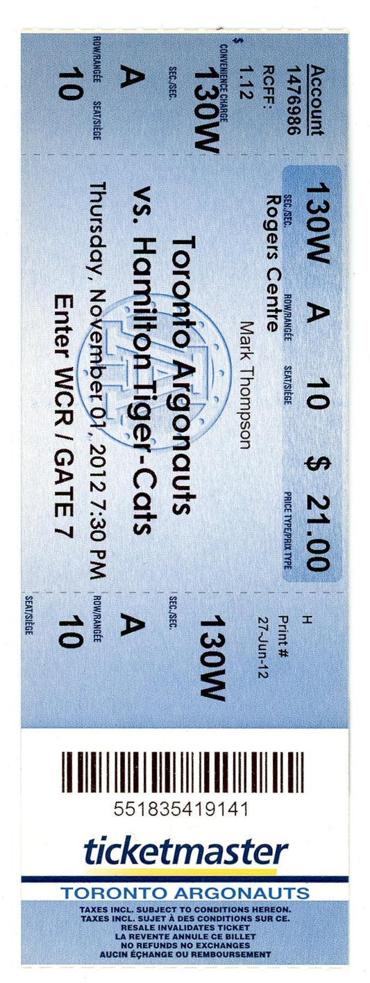 Toronto Argonauts vs. Hamilton Tiger-Cats Ticket Stub Rogers Centre (Toronto, 2012)