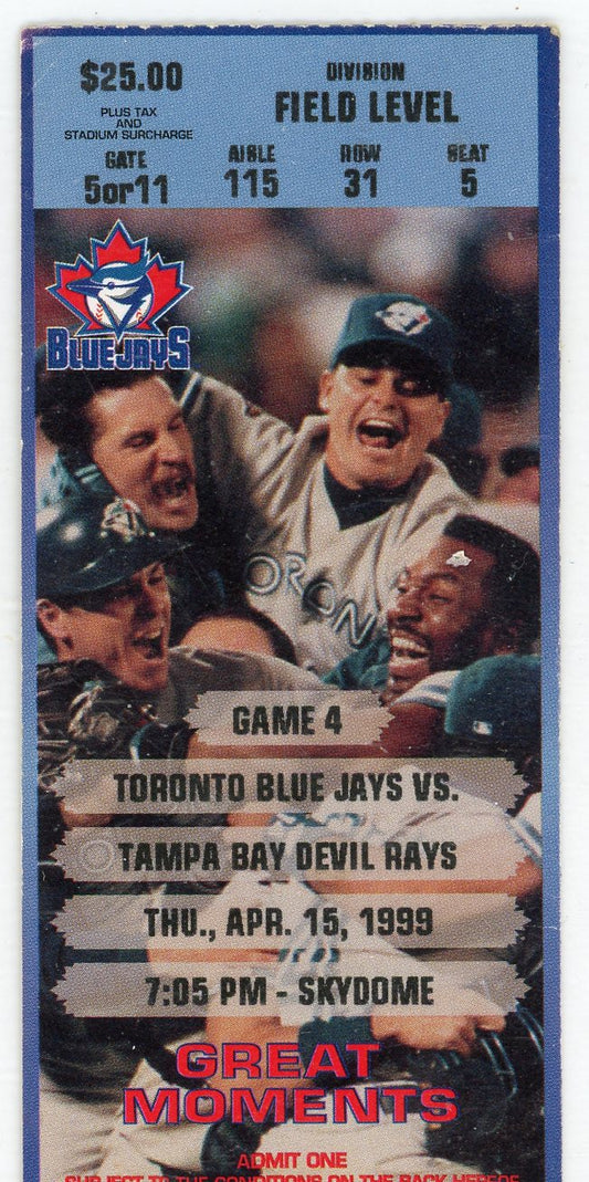 Toronto Blue Jays vs. Tampa Bay Devil Rays Vintage Ticket Stub Skydome 1999