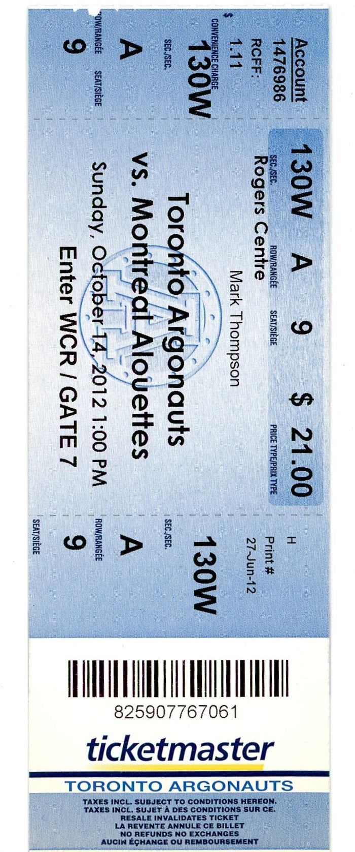 Toronto Argonauts vs. Montreal Alouettes Ticket Rogers Centre (Toronto, 2012)
