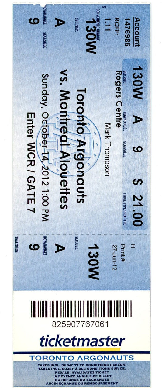 Toronto Argonauts vs. Montreal Alouettes Ticket Rogers Centre (Toronto, 2012)
