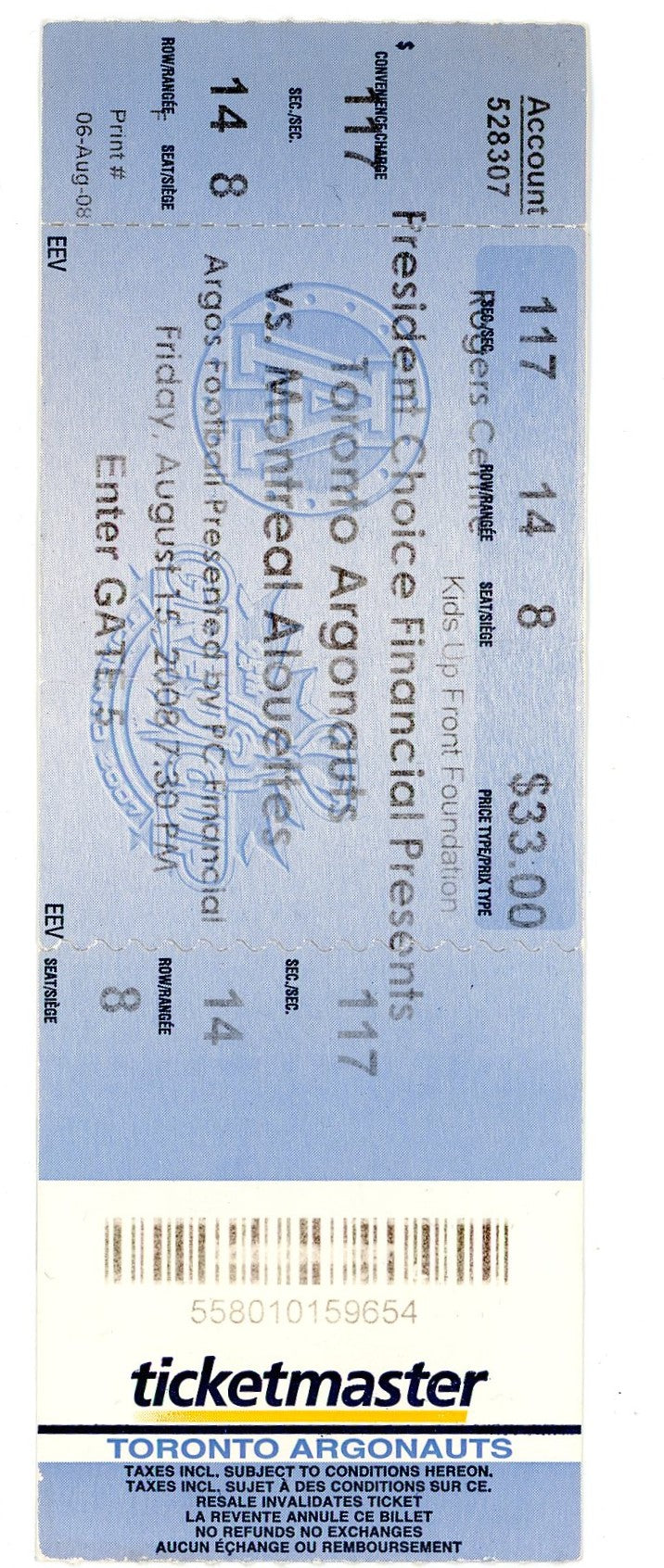 Toronto Argonauts vs. Montreal Alouettes Ticket Rogers Centre (Toronto, 2008)