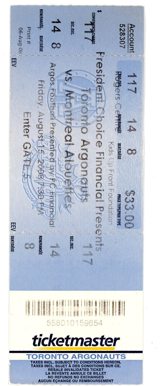 Toronto Argonauts vs. Montreal Alouettes Ticket Rogers Centre (Toronto, 2008)