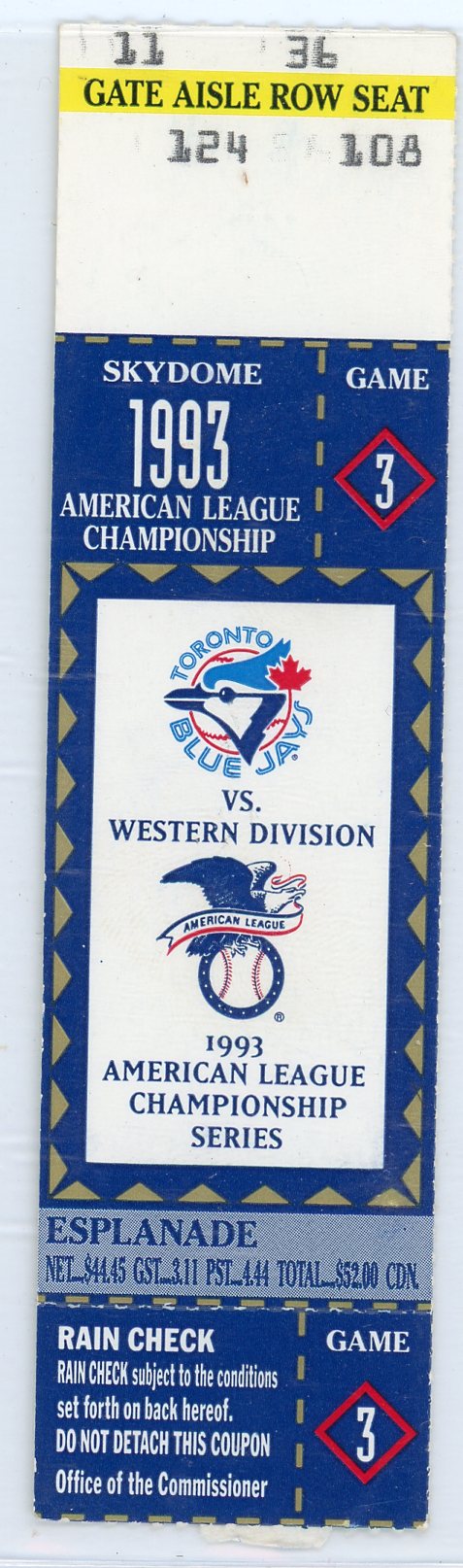 Toronto Blue Jays vs White Sox ALCS Game 3 Vintage Ticket Skydome 1993