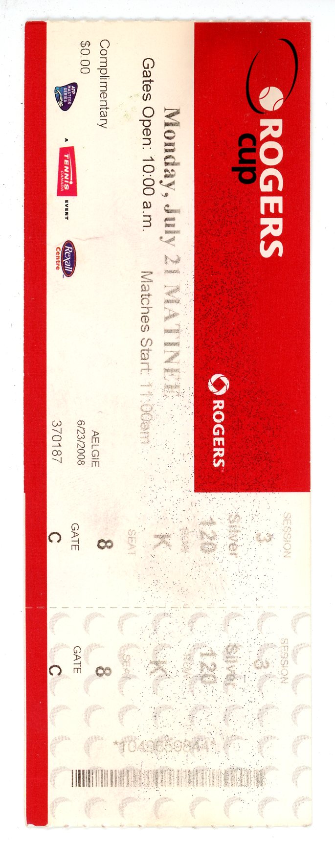 Rogers Cup Tennis Tournament Session 3 Ticket Rexall Centre (Toronto, 2008)