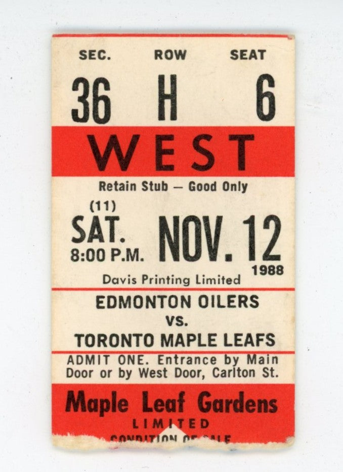 Edmonton Oilers vs. Toronto Vintage Ticket Maple Leaf Gardens (Toronto, 1988) Wayne Gretzky