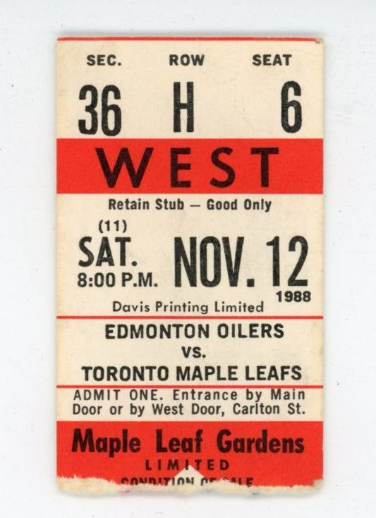 Edmonton Oilers vs. Toronto Vintage Ticket Maple Leaf Gardens (Toronto, 1988) Wayne Gretzky