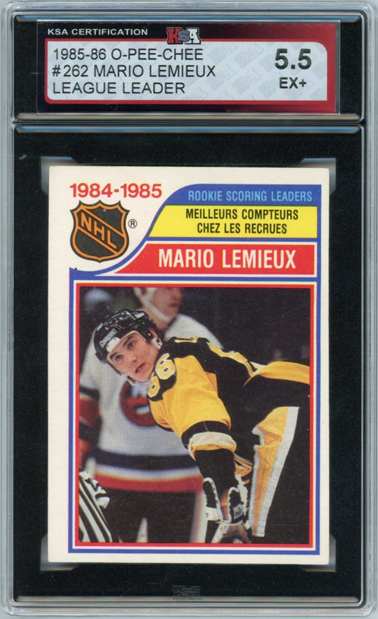 1985/86 OPC O-Pee-Chee Mario Lemieux League Leader Graded Hockey Card #262 KSA 5.5