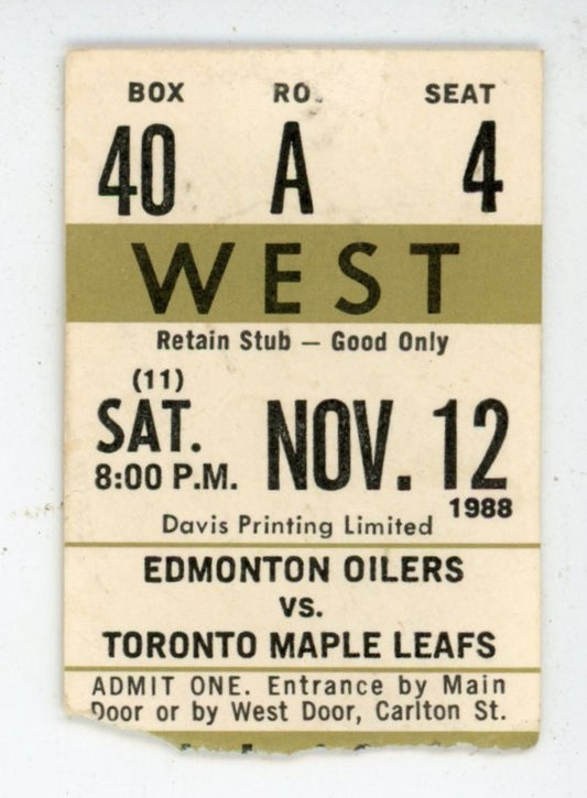 Edmonton Oilers vs. Toronto Vintage Ticket Stub Maple Leaf Gardens (Toronto, 1988) Wayne Gretzky