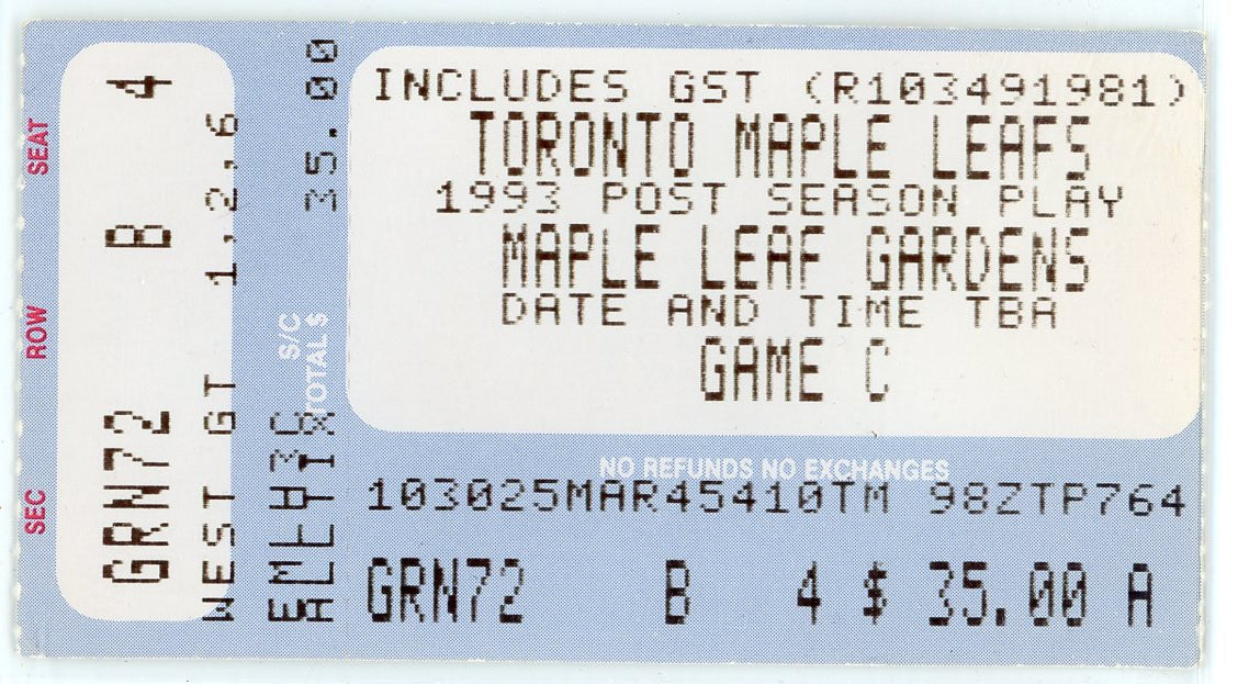 Toronto Maple Leafs Post Season Play Vintage Game C 1993 Playoffs