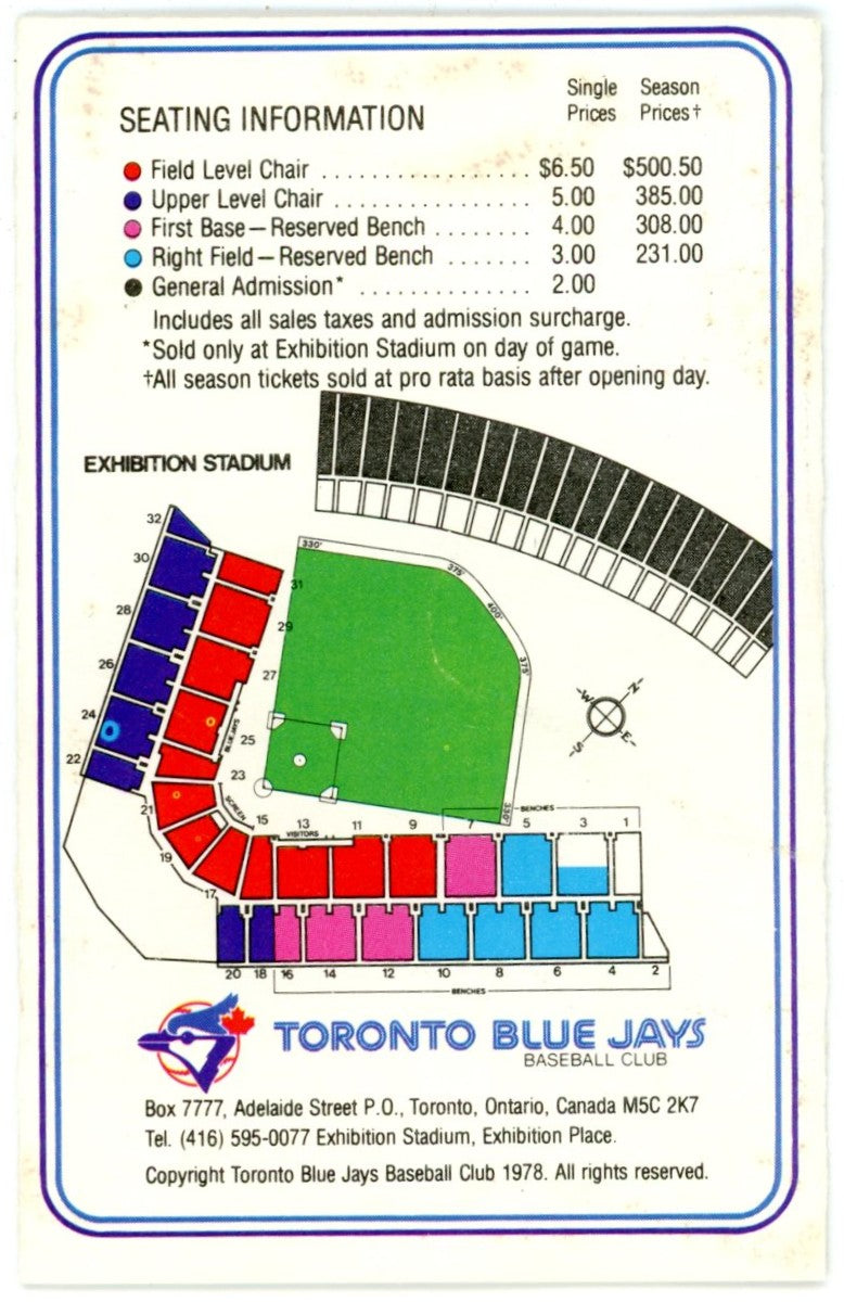 1978 Official Toronto Blue Jays Vintage Pocket Schedule (2nd Season) EX Condition