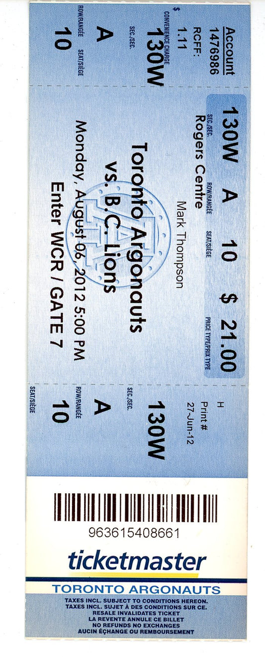 Toronto Argonauts vs. BC Lions Ticket Stub Rogers Centre (Toronto, 2012)