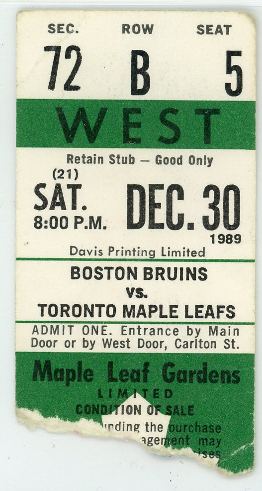 Boston Bruins vs. Toronto Maple Leafs Vintage Ticket Stub Maple Leaf Gardens 1989