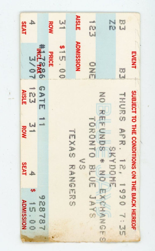 Toronto Blue Jays vs. Texas Rangers Vintage Ticket Stub Skydome (Toronto, 1990)