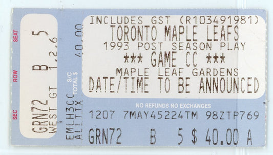 Toronto Maple Leafs Post Season Play Vintage Game CC Ticket 1993 Playoffs