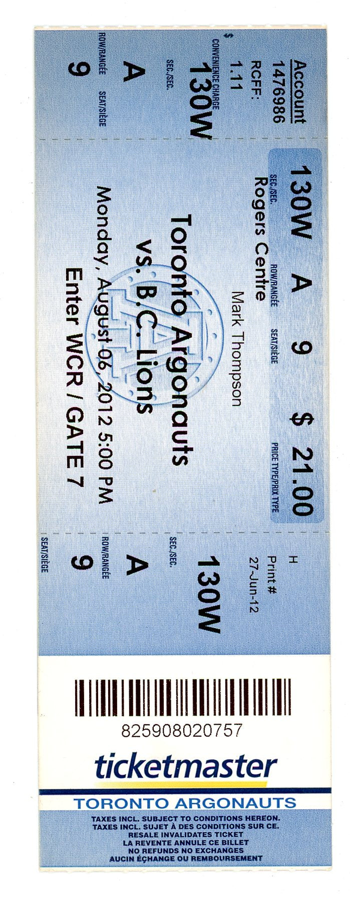 Toronto Argonauts vs BC Lions Ticket Stub Rogers Centre (Toronto, 2012)