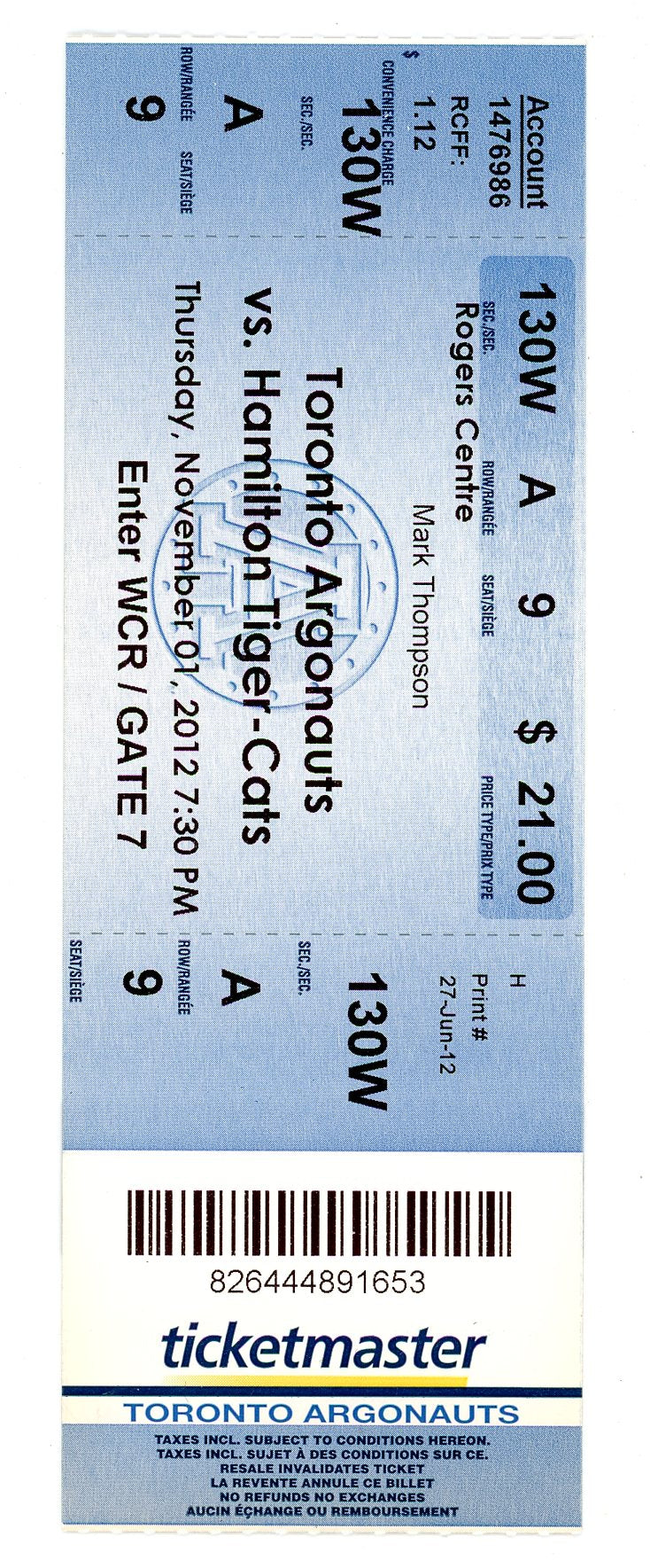 Toronto Argonauts vs Hamilton Tiger-Cats Ticket Stub Rogers Centre (Toronto, 2012)