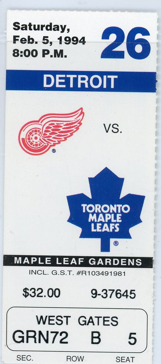 Detroit Red Wings vs. Toronto Maple Leafs Vintage Ticket Stub Maple Leaf Gardens 1994