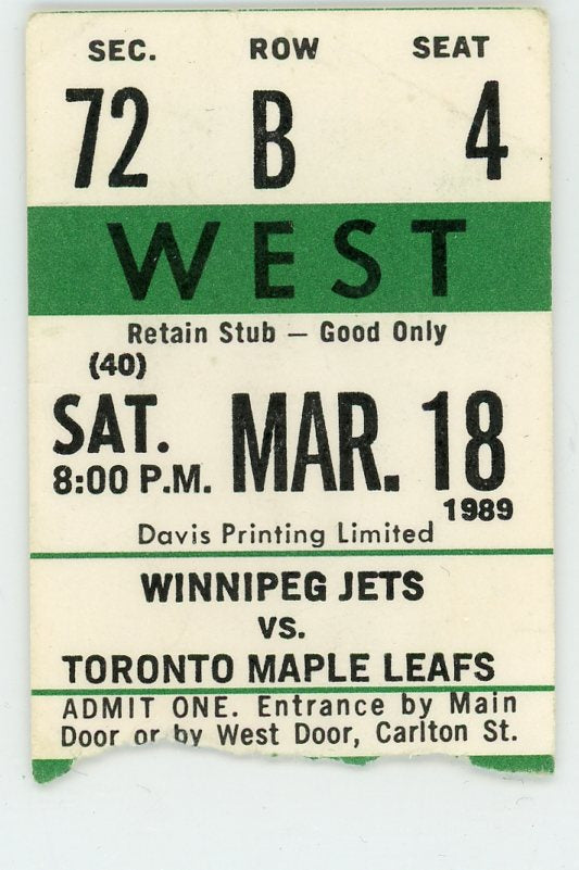 Winnipeg Jets vs. Toronto Maple Leafs Vintage Ticket Stub Maple Leaf Gardens 1989