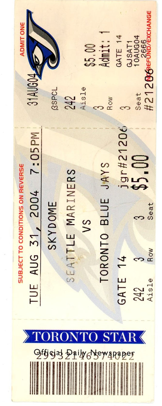 Seattle Mariners vs. Toronto Blue Jays Ticket Stub Skydome (Toronto, 2004)