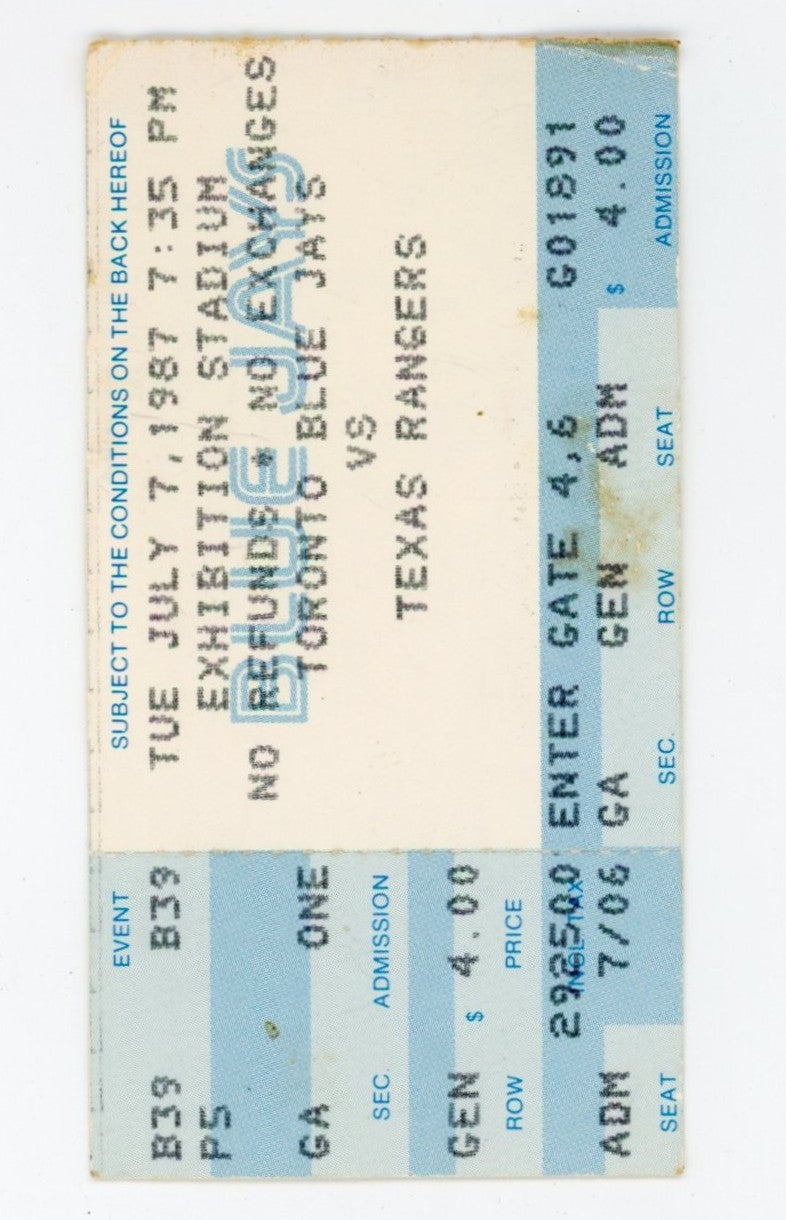 Toronto Blue Jays vs. Texas Rangers Vintage Ticket Exhibition Stadium (Toronto, 1987)