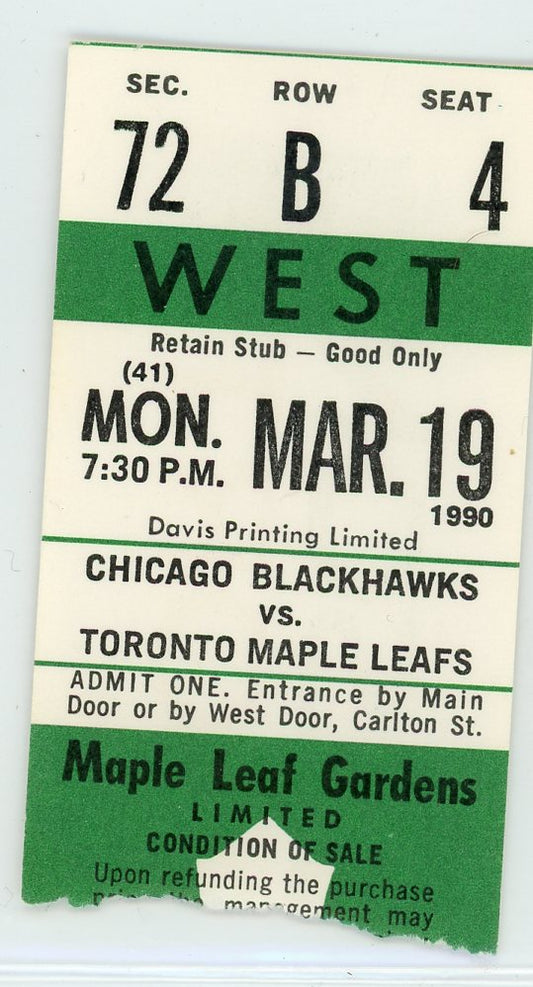 Chicago Blackhawks vs. Toronto Maple Leafs Vintage Ticket Stub Maple Leaf Gardens 1990