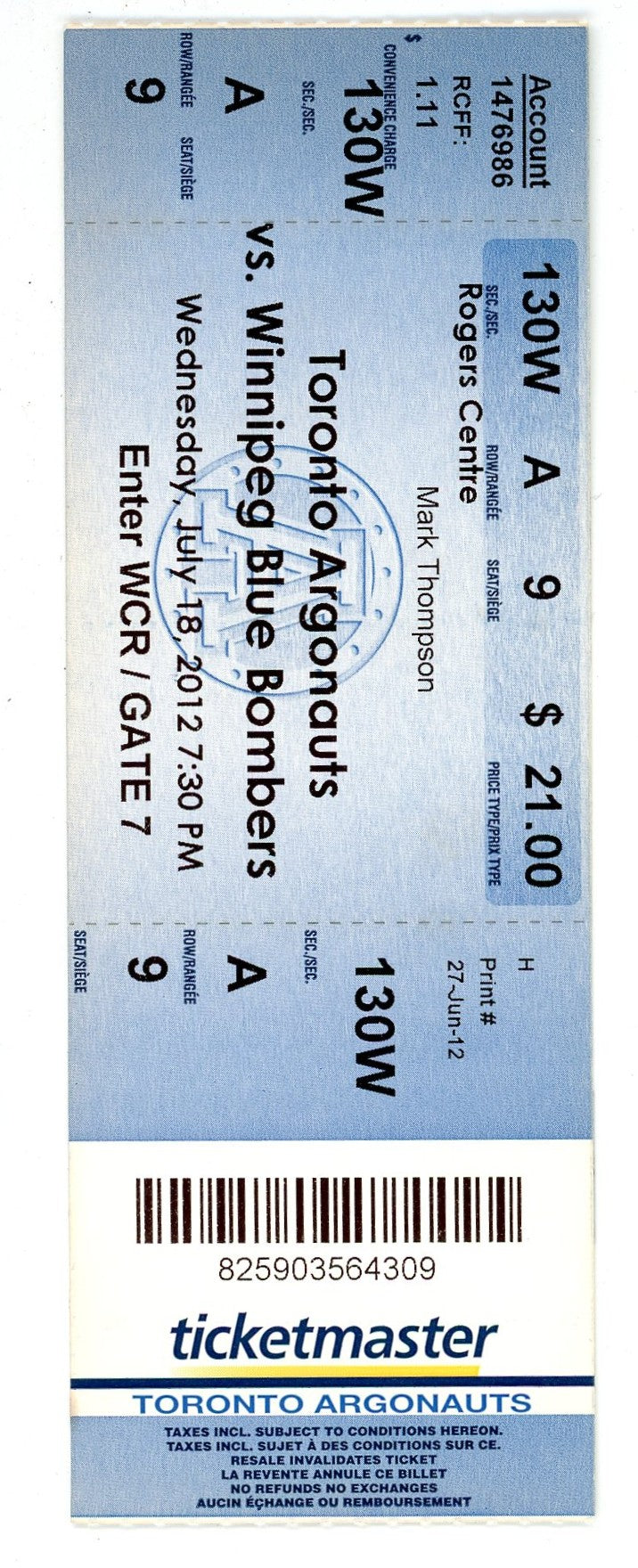 Toronto Argonauts vs Winnipeg Blue Bombers Ticket Stub Rogers Centre (Toronto, 2012)