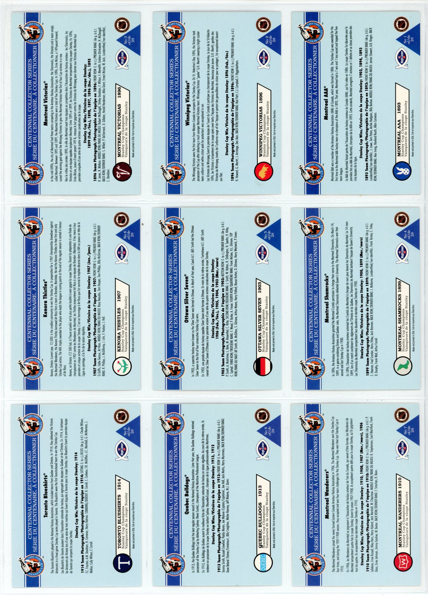 1992 High Liner Stanley Cup Centennial NHL Hockey Card Complete Set (28 Cards)