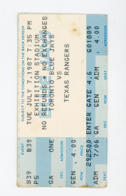 Toronto Blue Jays vs. Texas Rangers Vintage Ticket Stub Exhibition Stadium (Toronto, 1987)