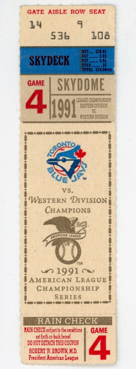 Toronto Blue Jays vs. Minnesota Twins ALCS Game 4 Vintage Ticket Skydome (Toronto, 1991)