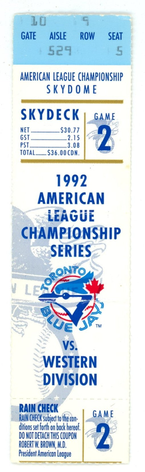 Toronto Blue Jays American League Championship Game 2 Vintage Ticket Stub SkyDome (Toronto, 1992)