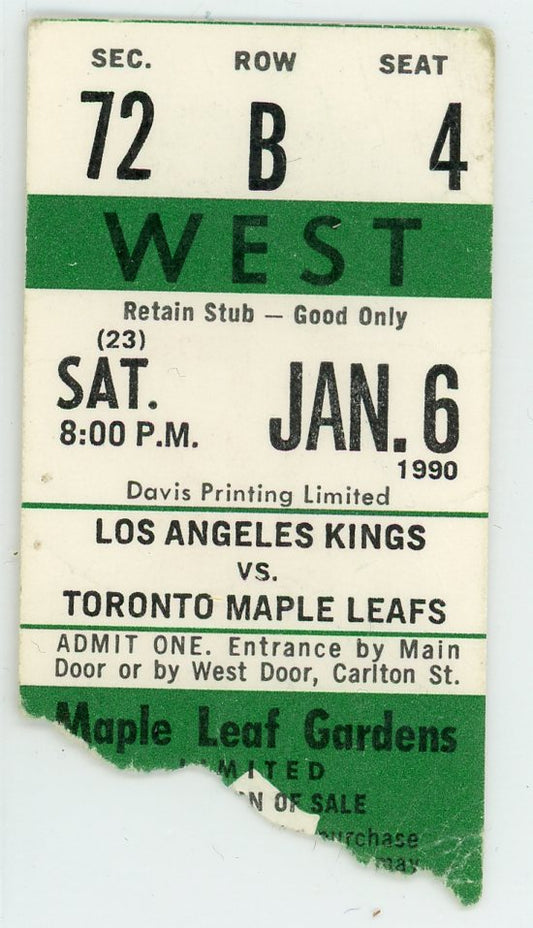 Los Angeles Kings vs. Toronto Maple Leafs Vintage Ticket Stub Maple Leaf Gardens 1990 Gretzky