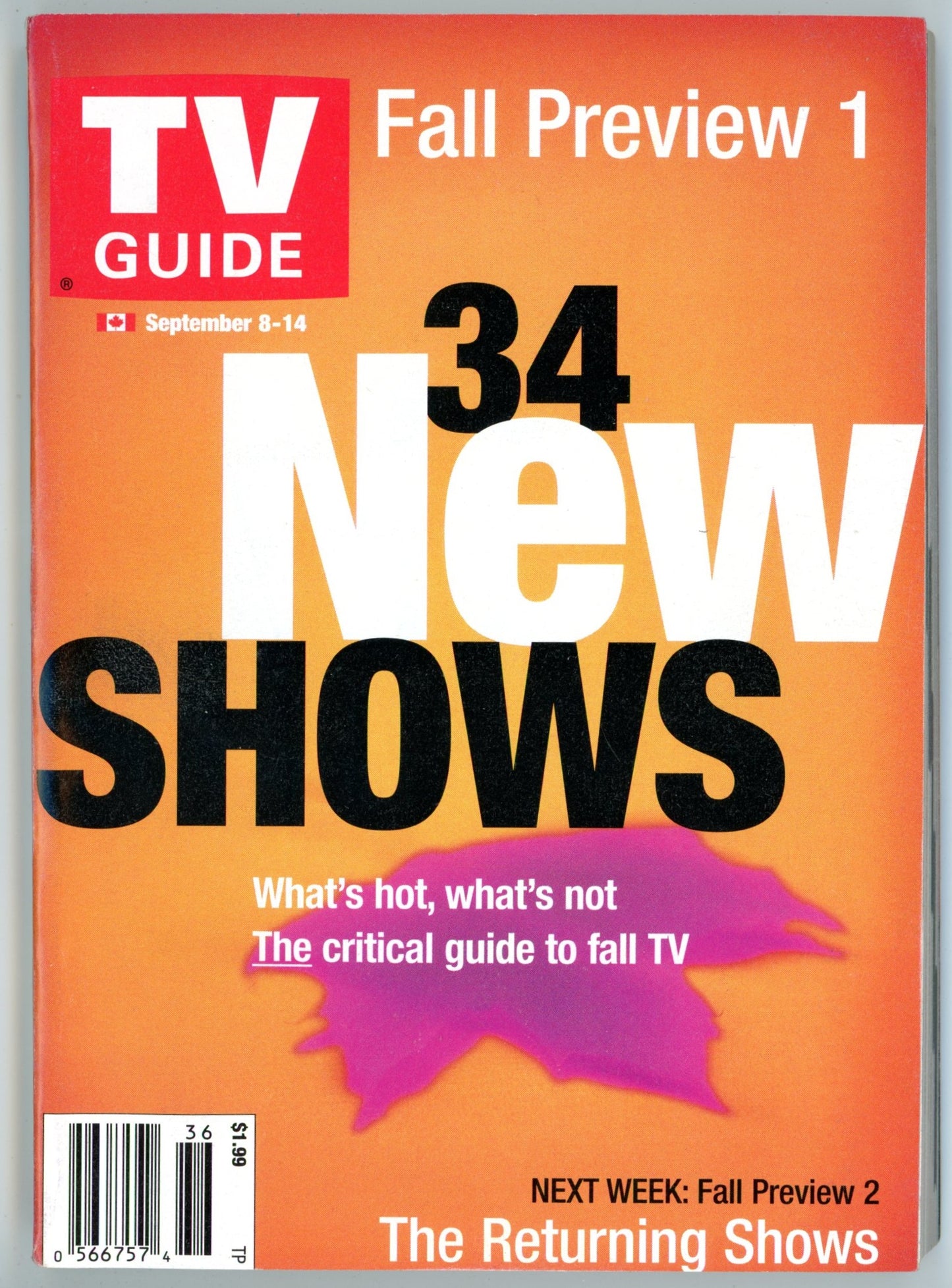 TV Guide Canada Vintage Magazine (September 8-14 2001) Newsstand Fall Preview 1