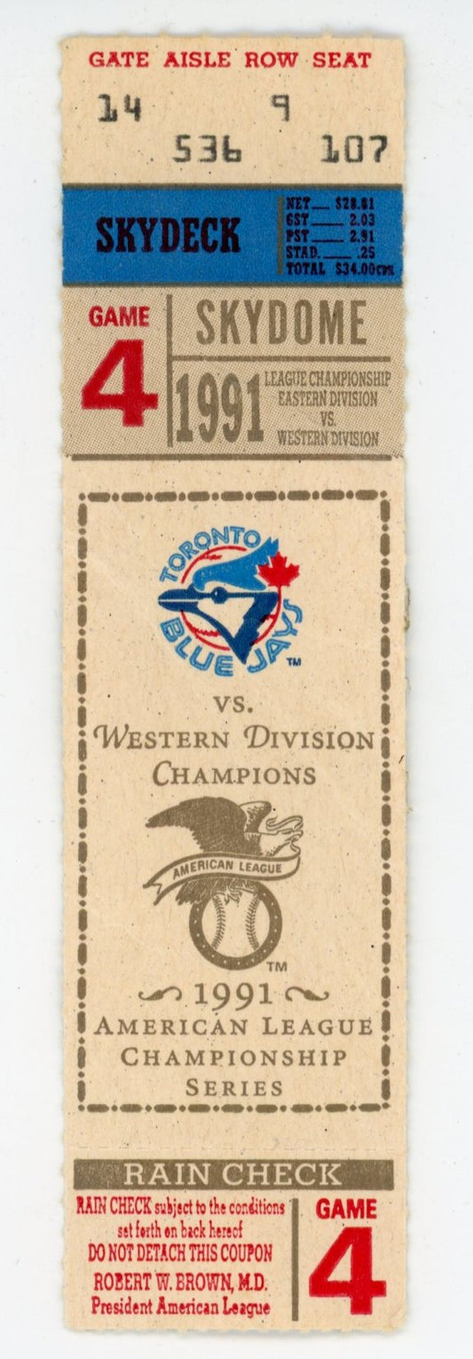 Toronto Blue Jays vs. Minnesota Twins ALCS Game 4 Ticket Stub Skydome (Toronto, 1991)