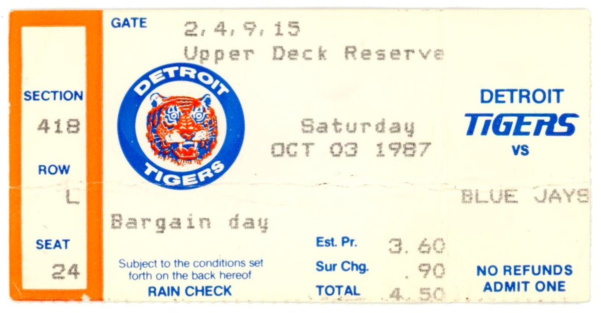 Detroit Tigers vs. Toronto Blue Jays Vintage Ticket Stub Tiger Stadium (Detroit, October 3 1987)