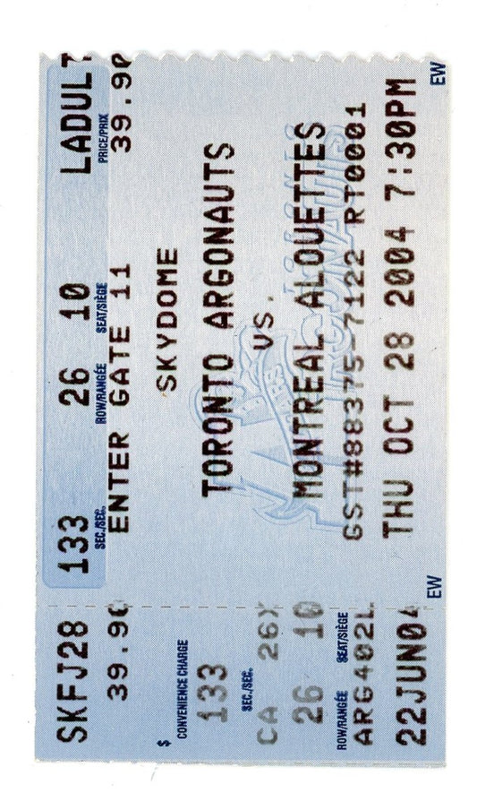 Toronto Argonauts vs Montreal Alouettes Ticket Stub Skydome (Toronto, 2004)