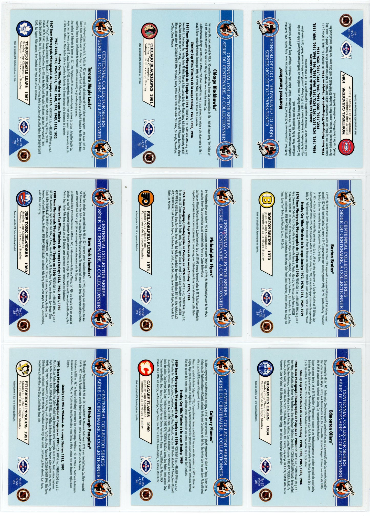 1992 High Liner Stanley Cup Centennial NHL Hockey Card Complete Set (28 Cards)