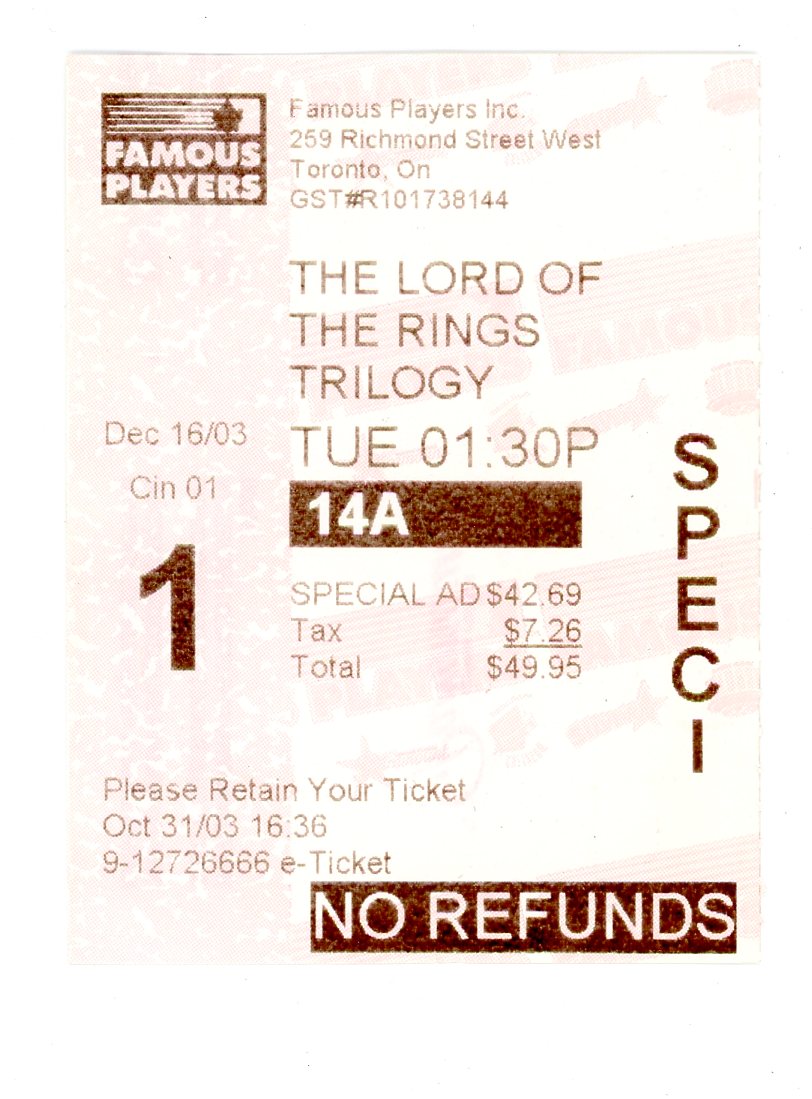 Lord of the Rings Trilogy Movie Ticket Stub Famous Players (Toronto, 2003)